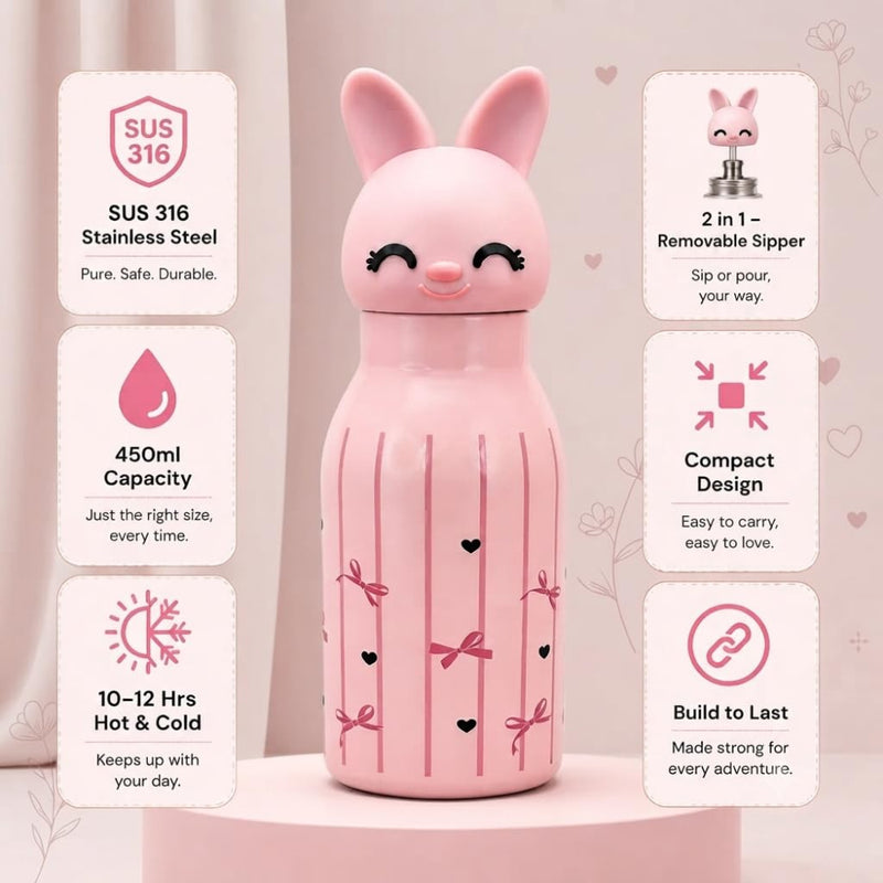 VHV Stainless Steel Animal Character Design Water Bottles - 450 Ml