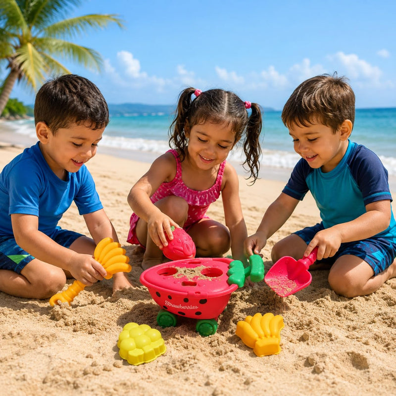 KV Toys Beach Toys for Kids 6 Pcs Fruit Beach Sand Toy Set with Strawberry Wheelbarrow-Multicolor