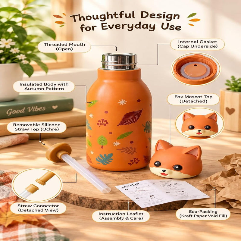 VHV Stainless Steel Animal Character Design Water Bottles - 450 Ml