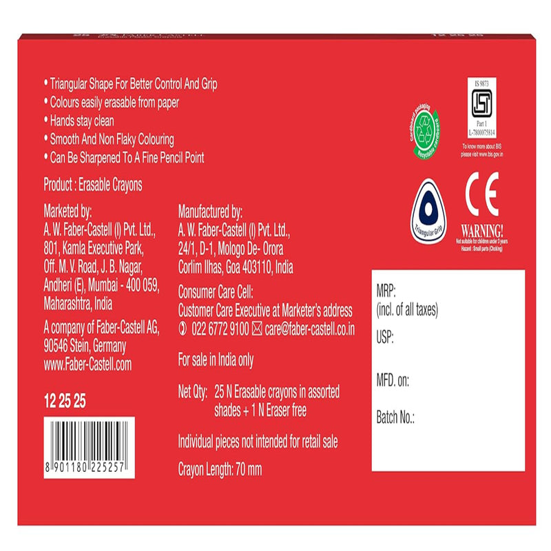 Faber-Castell Erasable Plastic Crayon Set - 70mm, Pack of 25
