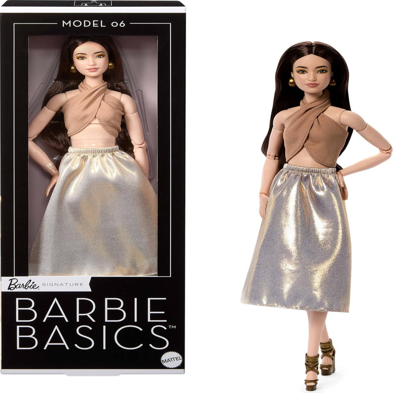 Barbie Basics Model 06 With Brunette Hair In Shimmery Golden Skirt & Halter Collectible Doll