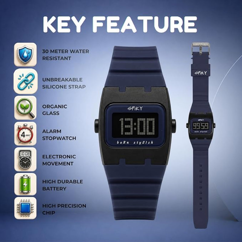 Spiky SPKEVA61 Unique Rectangle Dial Sports Watch With AlarmDay & Date Calendar