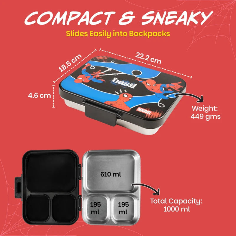 Basil Bento Ace 3 Compartment Stainless Steel Lunch Box - 1000ml