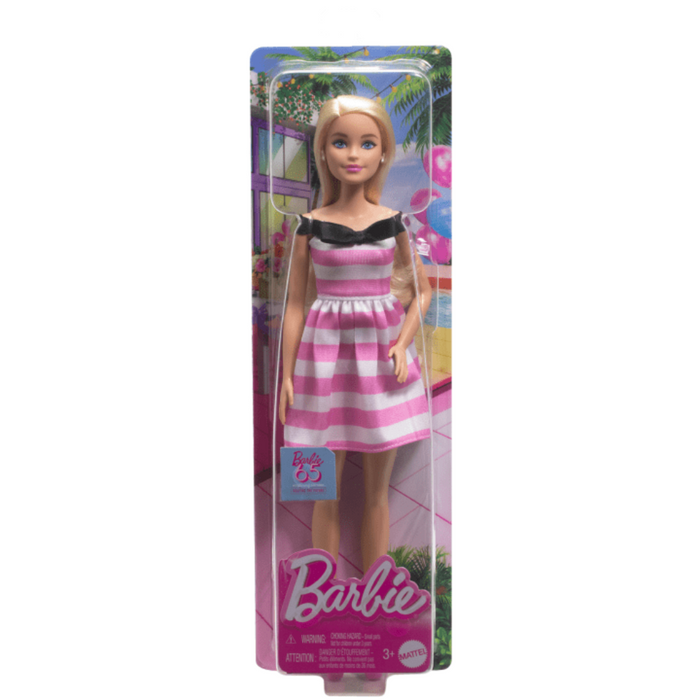 Barbie 65th Anniversary Fashion Doll With Blonde Hair, Pink Striped Dress And Accessories-Dolls-Barbie-Toycra