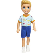 Barbie Chelsea Doll, Small Boy Doll Wearing Removable One-Piece With Dino Print, Blond Hair & Blue Eyes