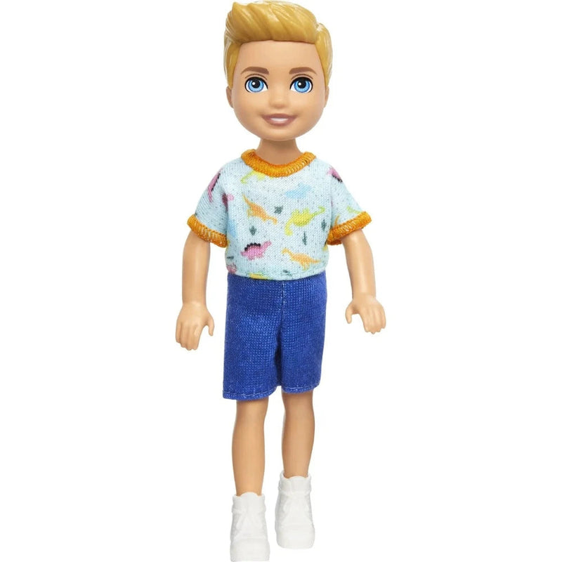 Barbie Chelsea Doll, Small Boy Doll Wearing Removable One-Piece With Dino Print, Blond Hair & Blue Eyes