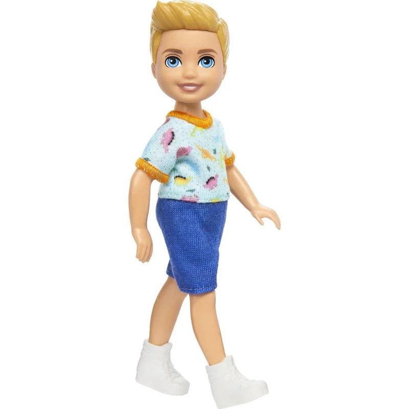 Barbie Chelsea Doll, Small Boy Doll Wearing Removable One-Piece With Dino Print, Blond Hair & Blue Eyes