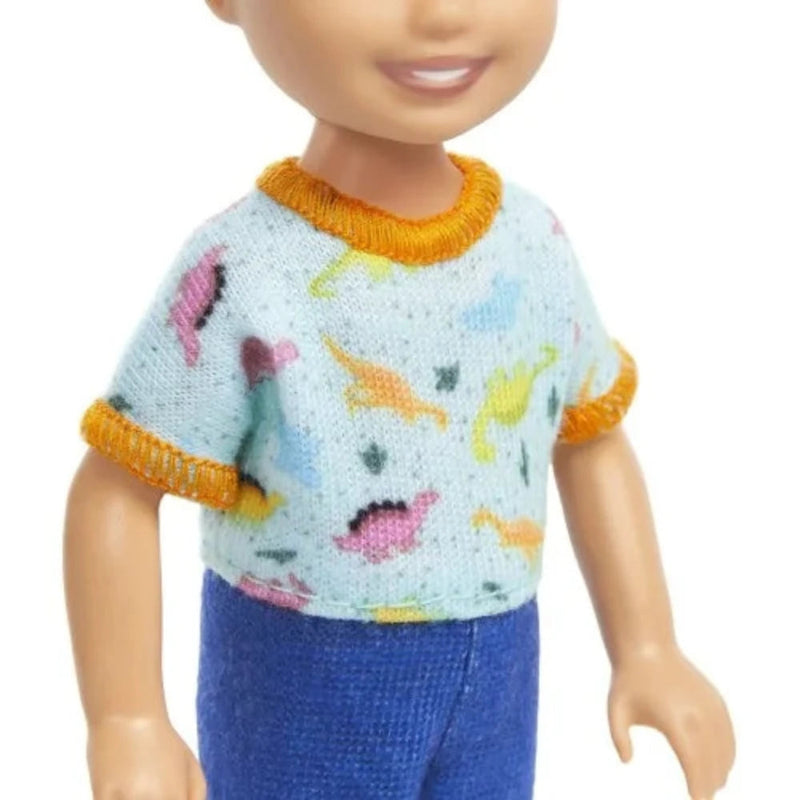 Barbie Chelsea Doll, Small Boy Doll Wearing Removable One-Piece With Dino Print, Blond Hair & Blue Eyes