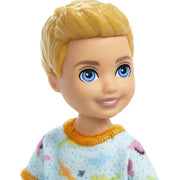 Barbie Chelsea Doll, Small Boy Doll Wearing Removable One-Piece With Dino Print, Blond Hair & Blue Eyes