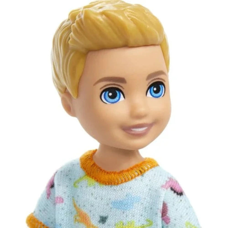 Barbie Chelsea Doll, Small Boy Doll Wearing Removable One-Piece With Dino Print, Blond Hair & Blue Eyes