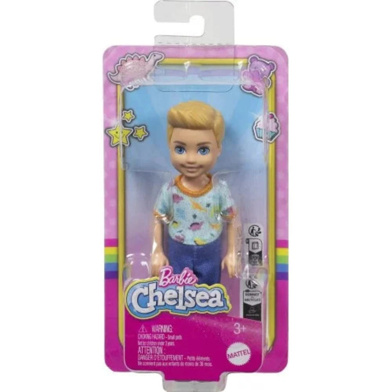 Barbie Chelsea Doll, Small Boy Doll Wearing Removable One-Piece With Dino Print, Blond Hair & Blue Eyes