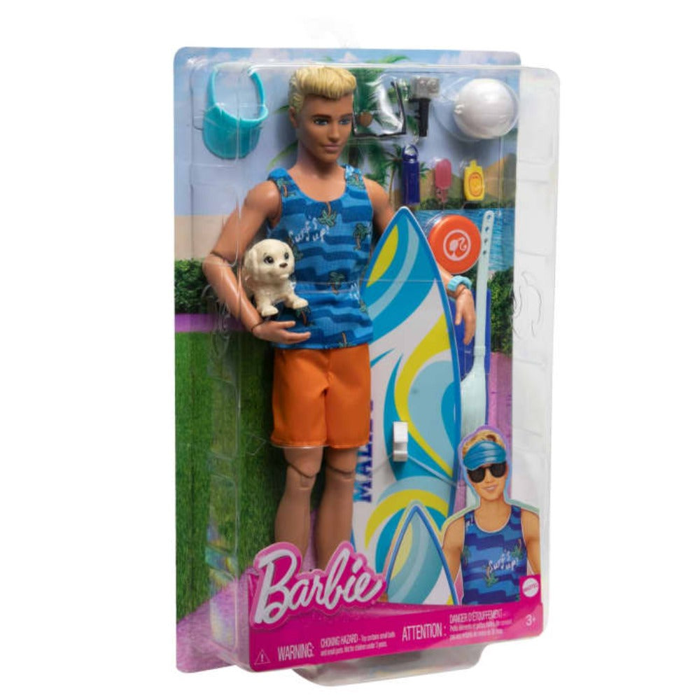 Barbie Ken Doll With Surfboard, Poseable Blonde Barbie Ken Beach