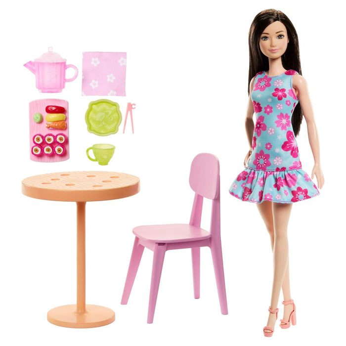 Barbie Pink Passport Japan Café Playset with Fashion Doll in Dress & Shoes, Furniture & Accessories, Including Tea Set & Sushi-Dolls-Barbie-Toycra
