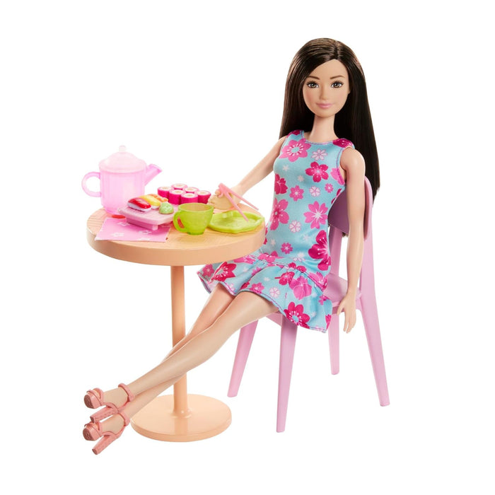 Barbie Pink Passport Japan Café Playset with Fashion Doll in Dress Shoes, Furniture Accessories, Including Tea Set Sushi
