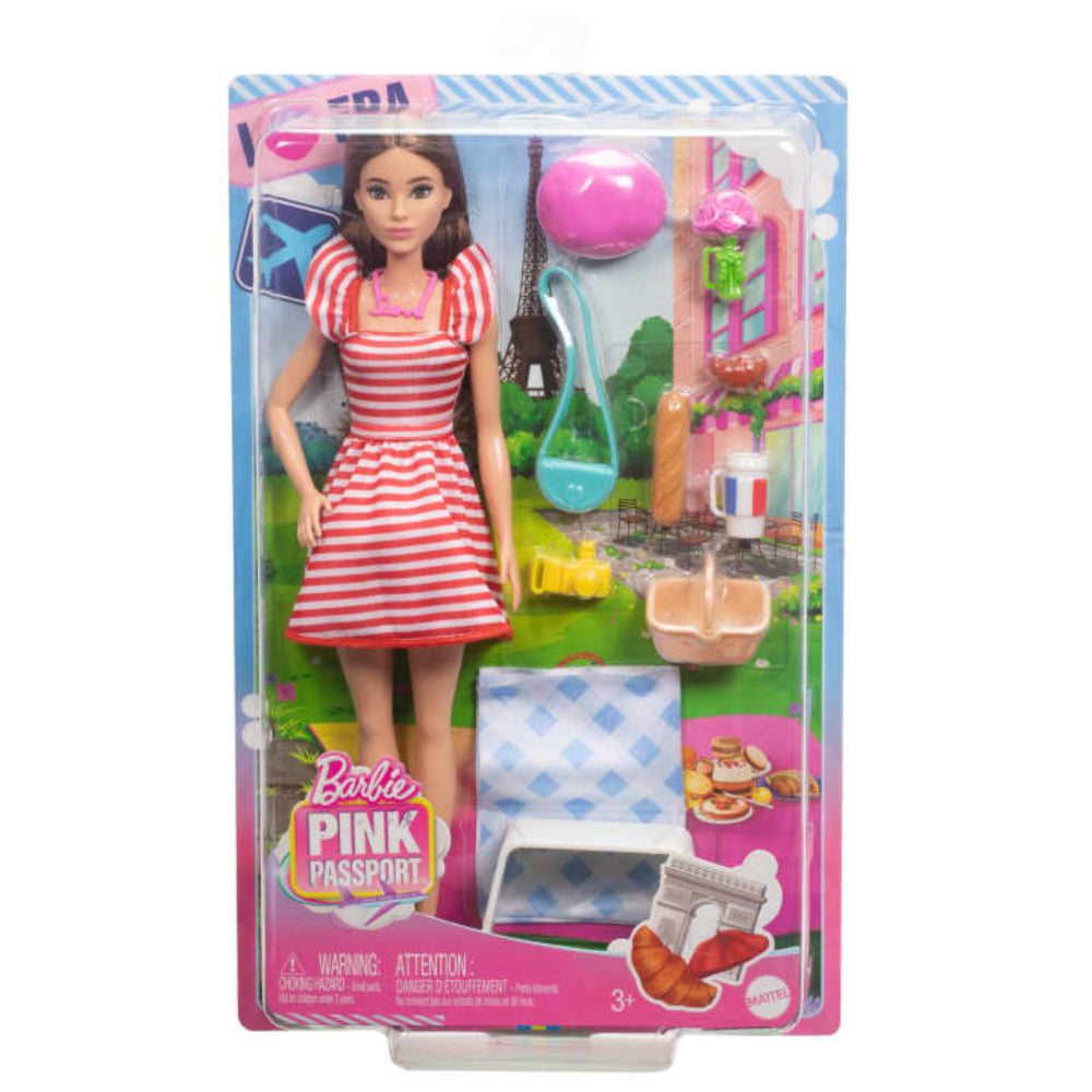 Barbie Pink Passport Paris Doll Set With Clothes & Picnic Accessories, Includes Brunette Doll