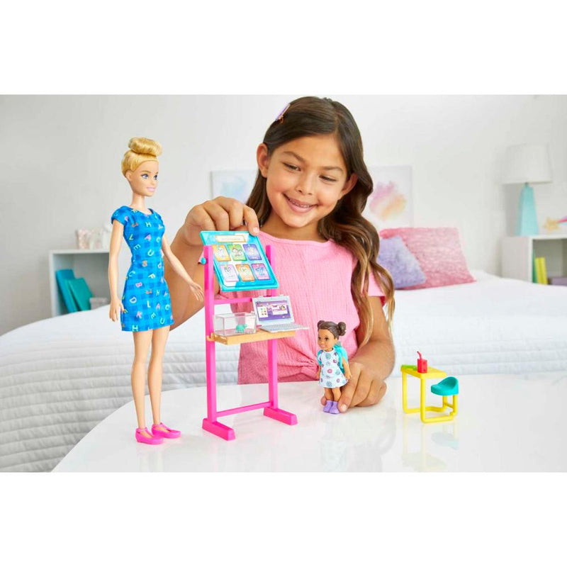 Barbie Teacher Doll (Blonde), Toddler Doll (Brunette), Accessories