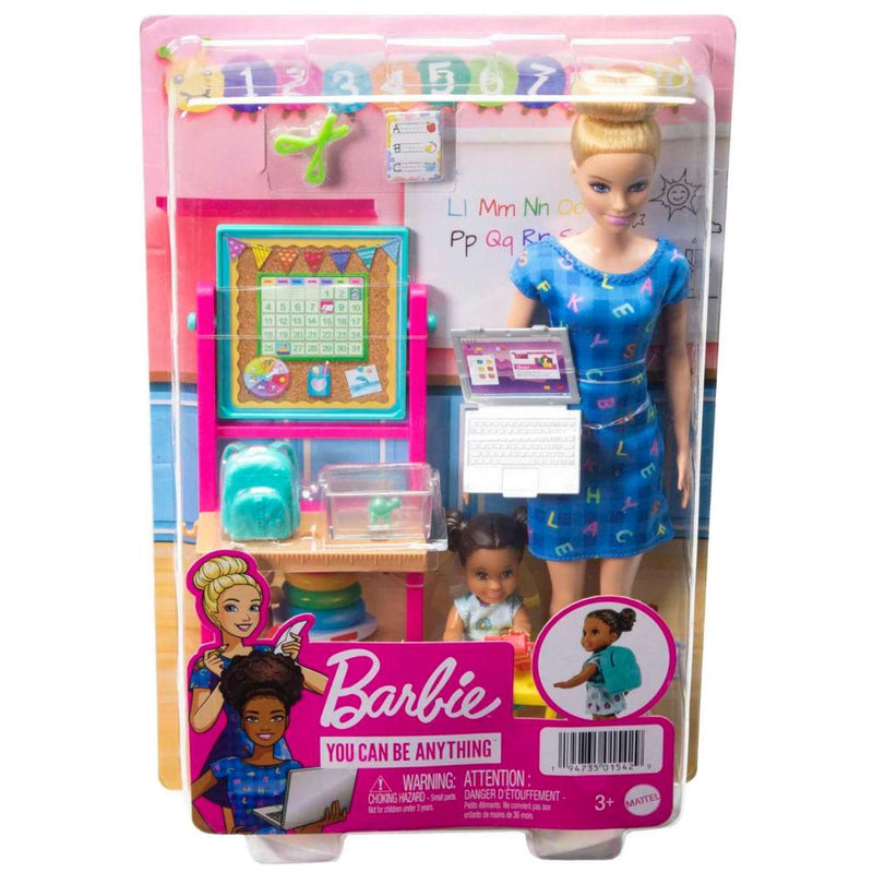 Barbie Teacher Doll (Blonde), Toddler Doll (Brunette), Accessories