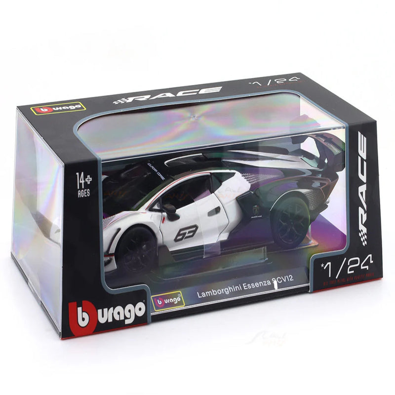 Bburago Lamborghini Essenza SCV12 White 1:24 Bburago with Acrylic Case Licensed Diecast Scale Model Car Collectible