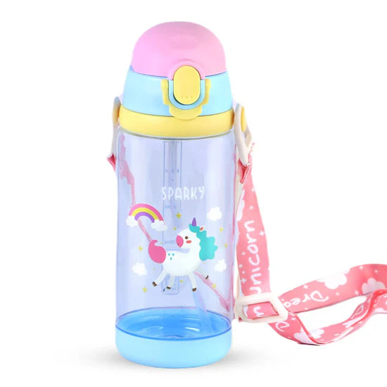 Cute Super Unicorn Sippy Cup Plastic Water Bottle with Straw & Strap For Kids - 600ml