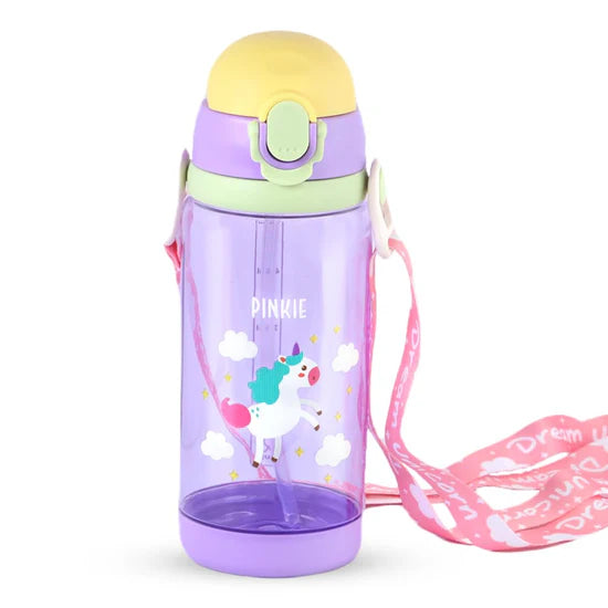 Cute Super Unicorn Sippy Cup Plastic Water Bottle with Straw & Strap For Kids - 600ml