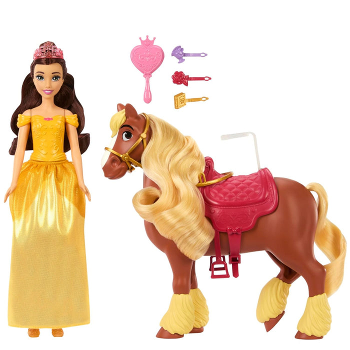 Disney Mattel Princess Toys, Belle Fashion Doll & Philippe Horse with Saddle, Brushable Mane & Tail & 4 Styling Accessories, Inspired by Movie-Dolls-Barbie-Toycra