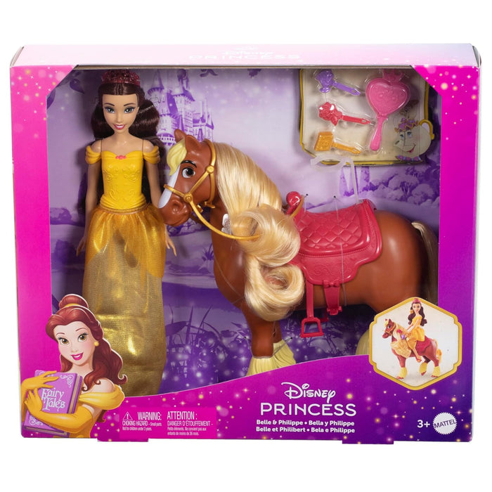 Disney Mattel Princess Toys, Belle Fashion Doll & Philippe Horse with Saddle, Brushable Mane & Tail & 4 Styling Accessories, Inspired by Movie-Dolls-Barbie-Toycra