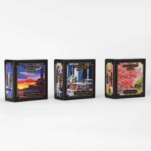 Frank Combo 2 Collector's Edition 150 Pieces Each Puzzle With Cherry Blossoms, Greek Bistro & Coastal Lighthouse Theme - Pack of 3