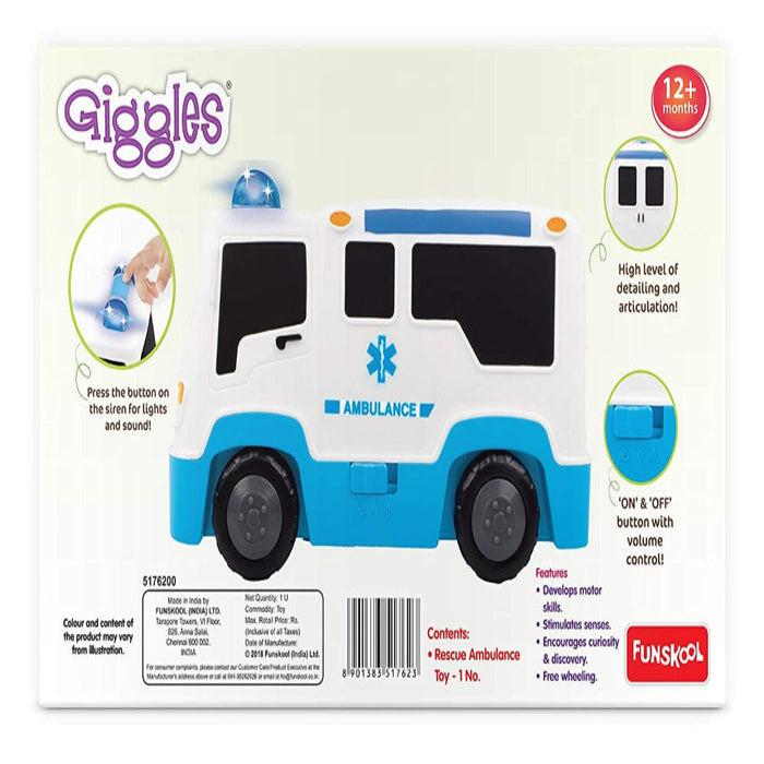 Funskool Giggles Rescue Ambulance Vehicle with Lights and Sounds-Vehicles-Fanskool-Toycra