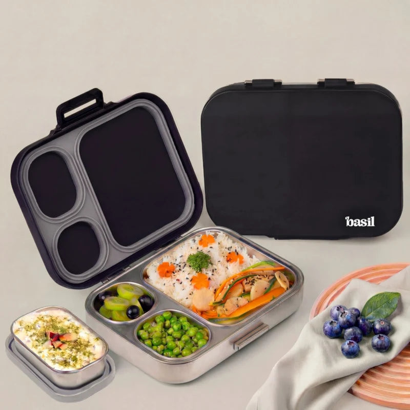 Basil Bento Box Quad Plus- 3+1 Compartment Stainless Steel Lunch Box - 1260ML