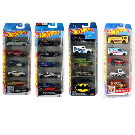 Hot Wheel Pack of 5- Set of 4 Combo Pack- ( Hw Hot Rods, Batman, Metro Sketch, Formula 1)-Vehicles-Hot Wheels-Toycra
