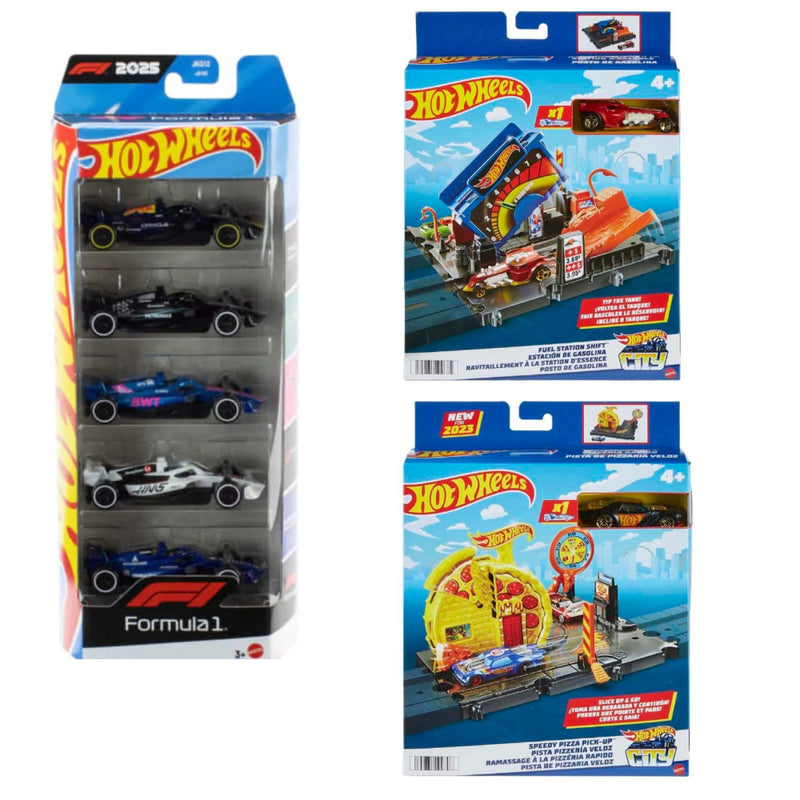 Hot Wheels Formula 1 5-Pack +Hot Wheels Fual Station Shift + Hot Wheels Speedy Pizza Pick-Up Combo Pack