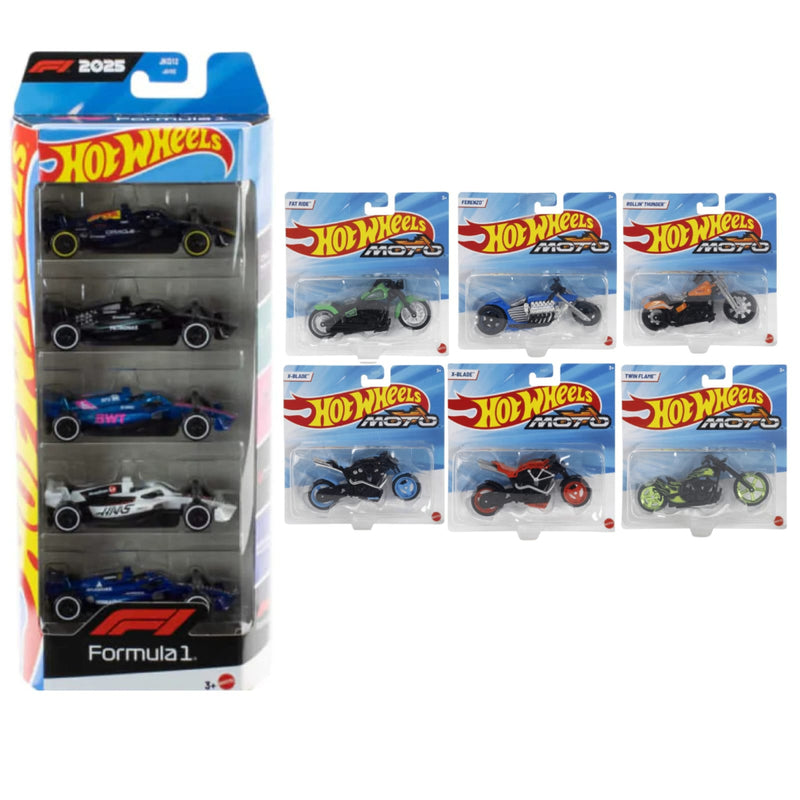 Hot Wheels Formula 1 5-Pack + Hot Wheels Moto Street Power Motorcycle Set of 6 Combo Pack