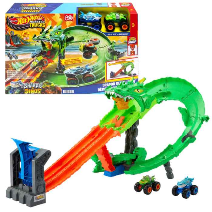 Hot Wheels Monster Trucks Sharks vs Dinos Dragon Destruction Playset & 2 Toy Trucks-Vehicles-Hot Wheels-Toycra
