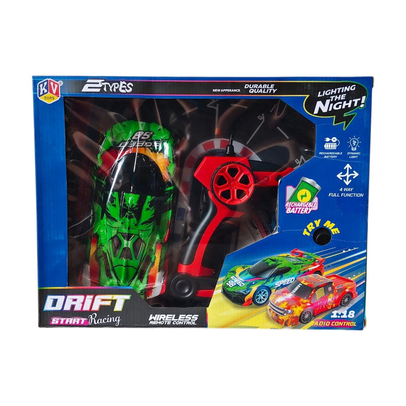 KV Toys 1:18 Rechargable Drift Racing Wireless Remote Control Car With Led Light - (Multiple Color/Design)