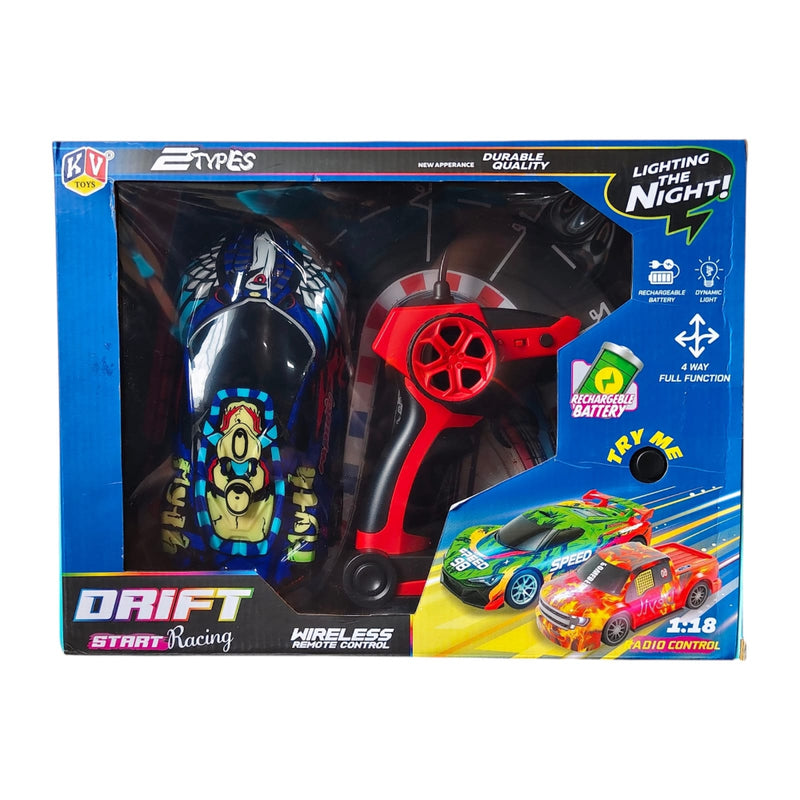 KV Toys 1:18 Rechargable Drift Racing Wireless Remote Control Car With Led Light - (Multiple Color/Design)