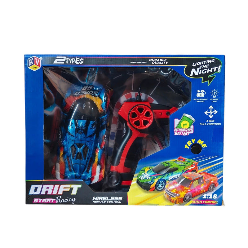 KV Toys 1:18 Rechargable Drift Racing Wireless Remote Control Car With Led Light - (Multiple Color/Design)