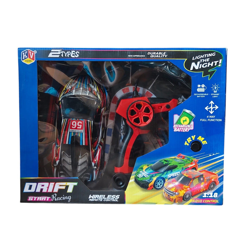 KV Toys 1:18 Rechargable Drift Racing Wireless Remote Control Car With Led Light - (Multiple Color/Design)