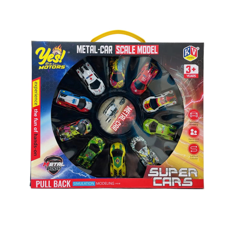KV Toys Metal Car Scale Model Pullback Super Cars Set - 10 Pieces (Mutiple Colors)
