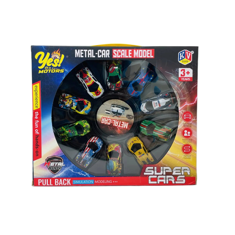 KV Toys Metal Car Scale Model Pullback Super Cars Set - 10 Pieces (Mutiple Colors)