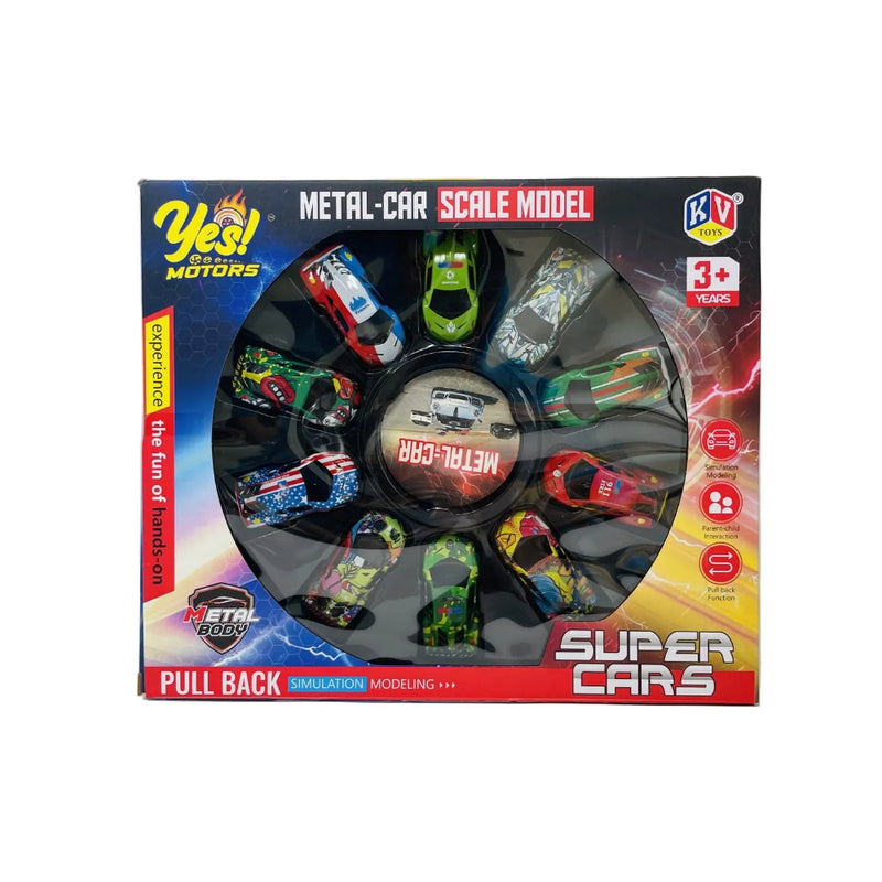 KV Toys Metal Car Scale Model Pullback Super Cars Set - 10 Pieces (Mutiple Colors)