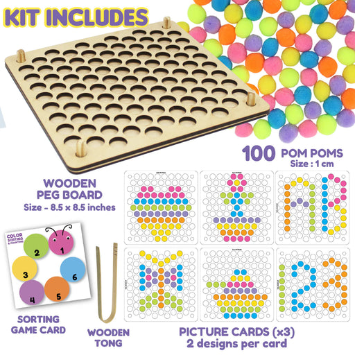 Kalakaram Pom Pom Peg-A-Pattern – Wooden Peg Board-Learning & Education-Kalakaram-Toycra