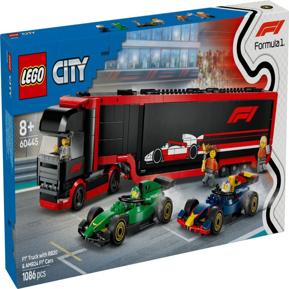 Lego 60445 City F1 Truck with RB20 AMR24 F1 Cars (1086 Pieces)