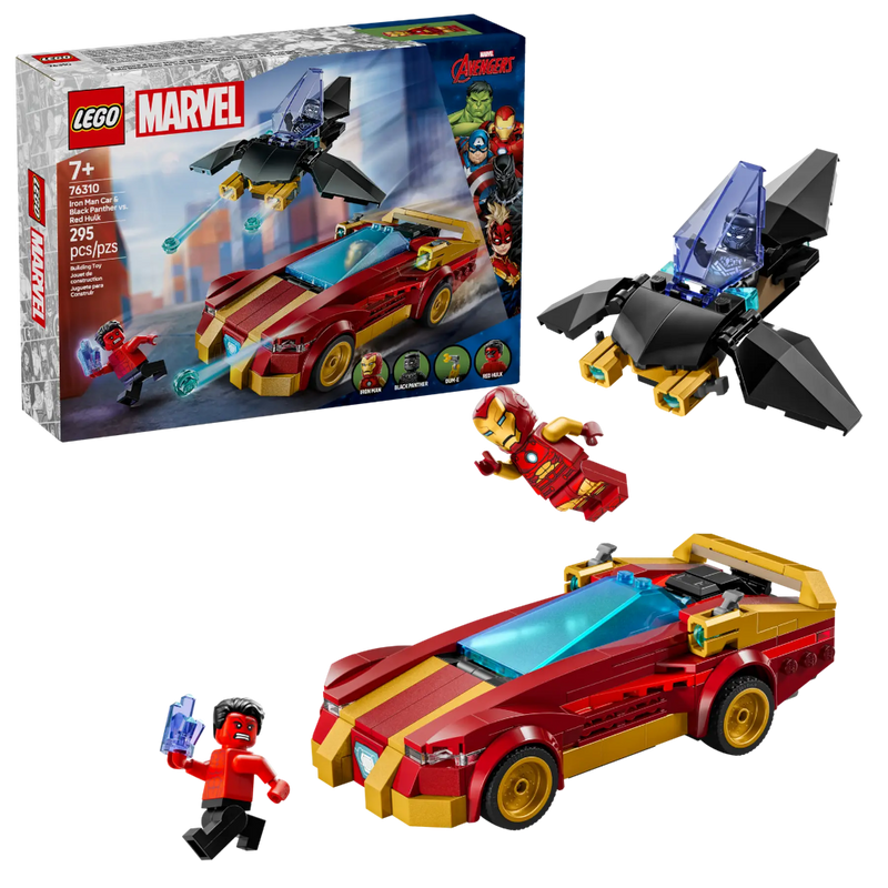 Lego 76310 Super Heroes Marvel Iron Man Car & Black Panther Vs. Red Hulk (295 Pieces)