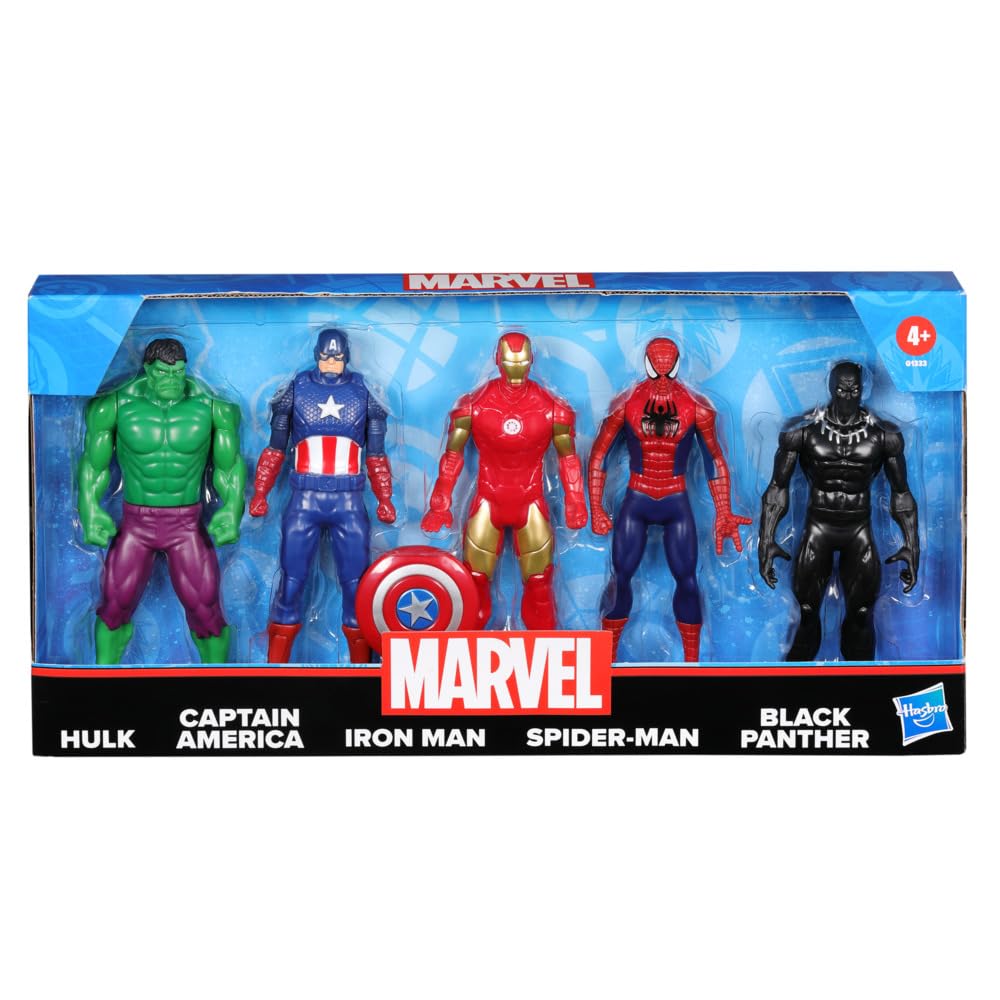 Marvel 6-Inch Hulk, Captain America, Iron Man, Spider-Man, & Black Panther Action Figure Set with Shield Accessory