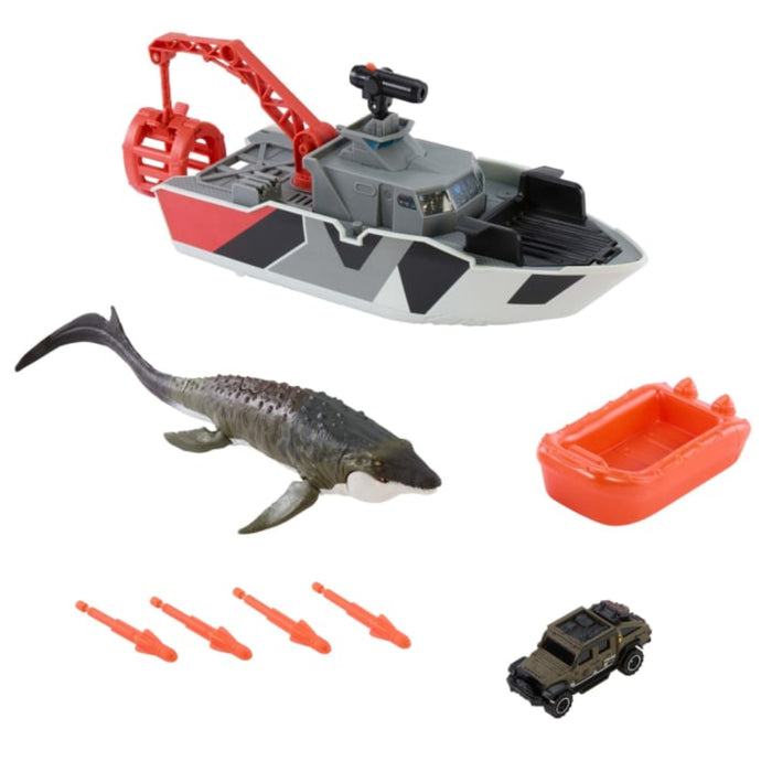 Matchbox Jurassic World Mosasaurus Rescue Action Boat Playset With Ship, Dino, Toy Car & Missiles-Action & Toy Figures-Hot Wheels-Toycra