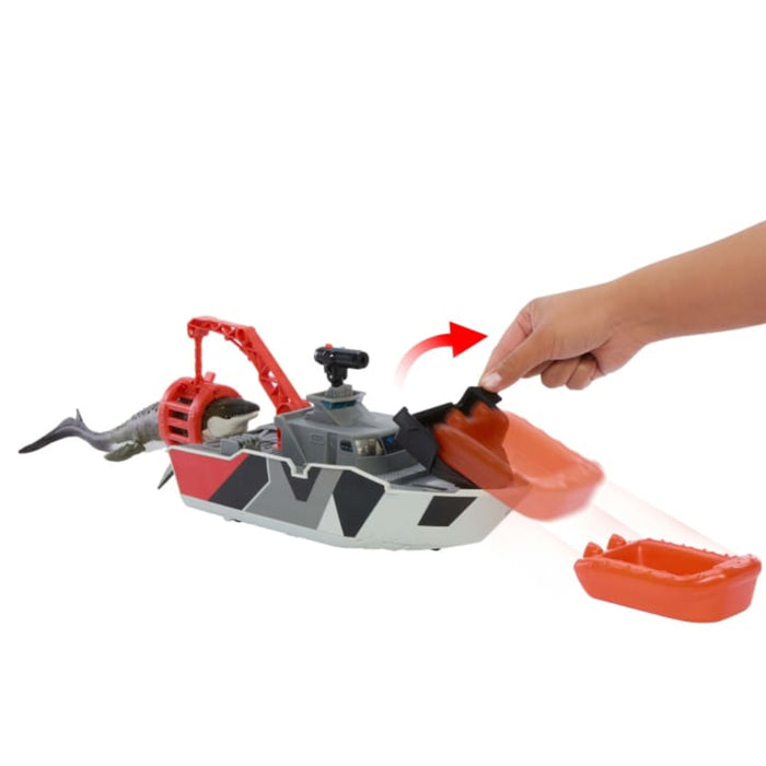 Matchbox Jurassic World Mosasaurus Rescue Action Boat Playset With Ship, Dino, Toy Car & Missiles-Action & Toy Figures-Hot Wheels-Toycra