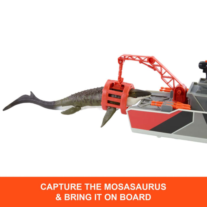 Matchbox Jurassic World Mosasaurus Rescue Action Boat Playset With Ship, Dino, Toy Car & Missiles-Action & Toy Figures-Hot Wheels-Toycra
