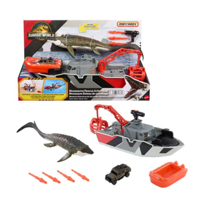 Matchbox Jurassic World Mosasaurus Rescue Action Boat Playset With Ship, Dino, Toy Car & Missiles-Action & Toy Figures-Hot Wheels-Toycra