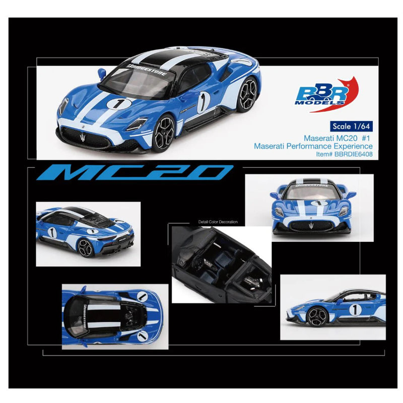 Mini GT BBR Model #6408: Maserati MC20 1 Maserati Performance Experience Blue 1:64