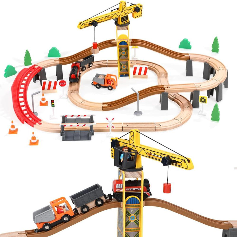 Open Ended 72PCS Tower Crane Wooden Train Set (Motorised Train)